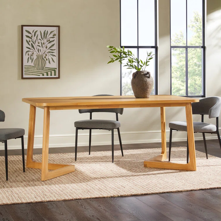 Modern Rectangle Solid Wood Veneer Dining Table for 6 with Geometric Leg Design