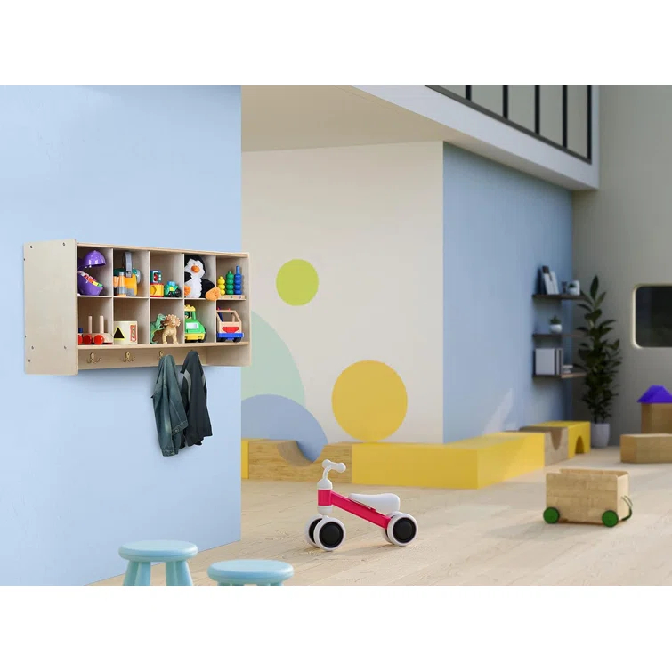 Cubby Storage Organizer with 10 Cubbies, Coat Hooks & Wall-Mounted Hanging Shelf