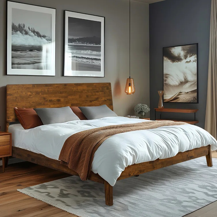 Serenity Premium Solid Wood Bed Frame with Headboard, Scandinavian Signature High Headboard Wood Bed, 800 lb Capacity, No Box Spring Needed, Fits All Mattresses, 5-Year Warranty