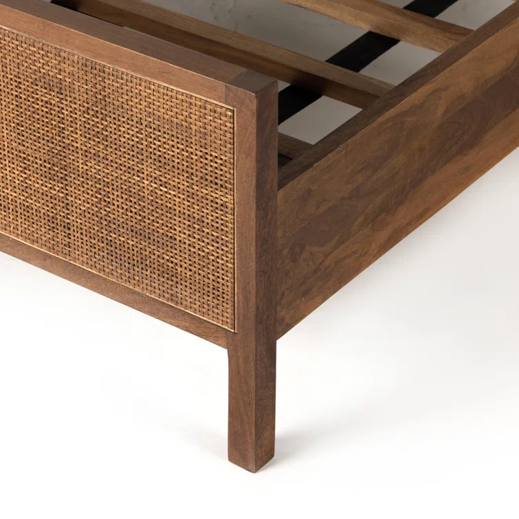 Brown Wash Queen Wood Panel Bed with Woven Cane Headboard