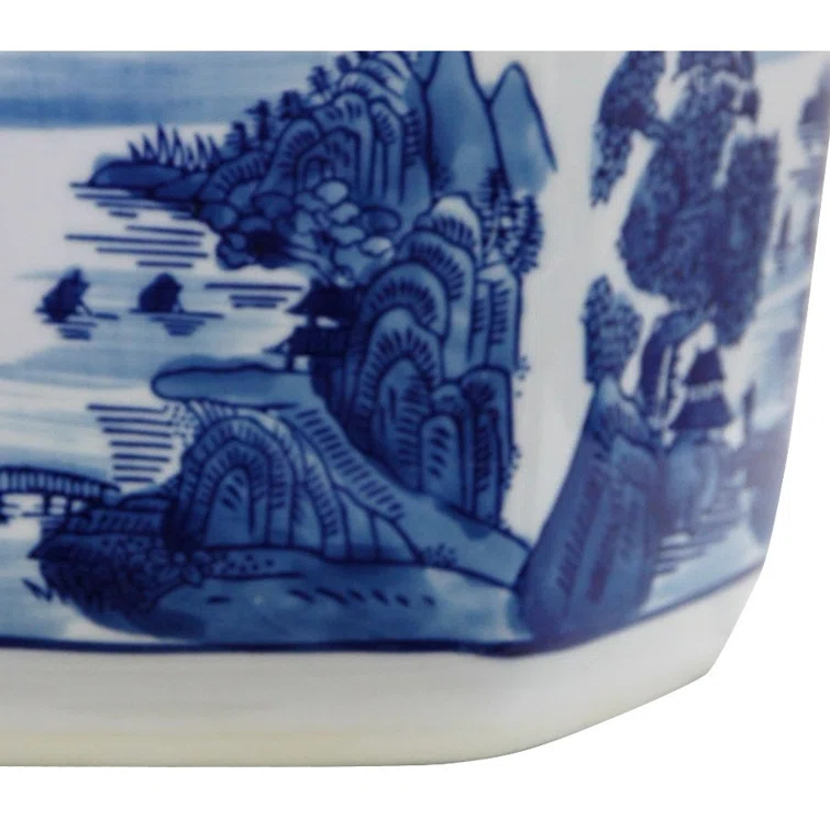 Handmade Porcelain Blue and White Landscape Flower Pot Planter (China)