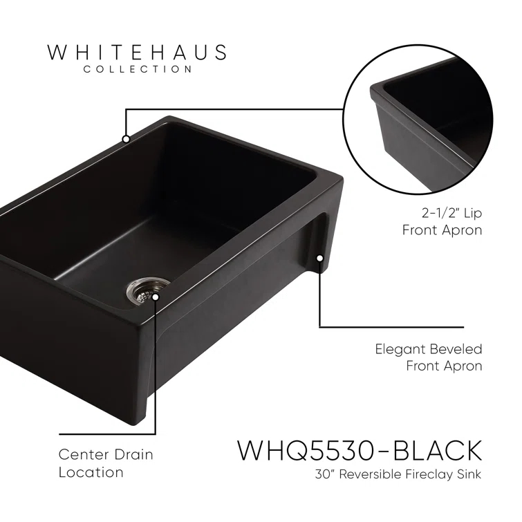 Whitehaus Collection 30” Reversible Single Bowl Fireclay Kitchen Sink: Beveled, Lip Front Apron