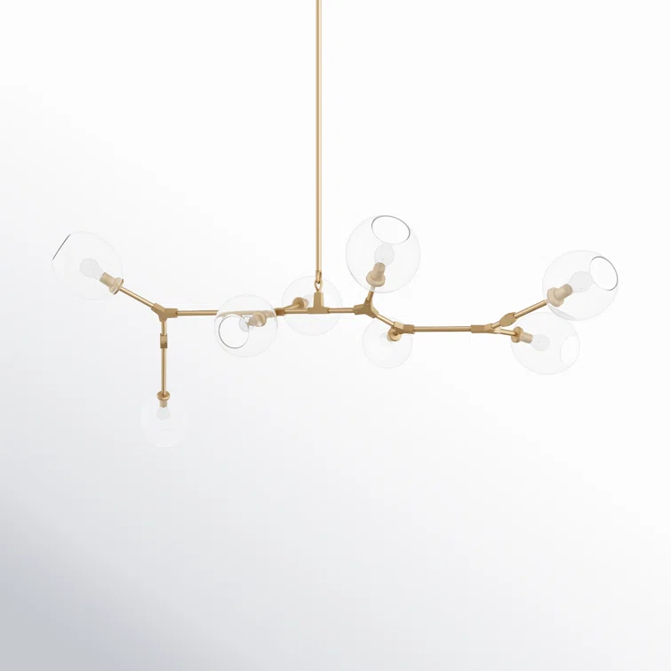 Modern Linear Brass Sputnik Chandelier with Hand Blown Glass Shades