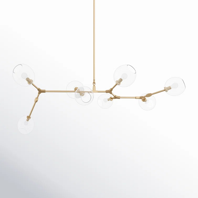 Modern Linear Brass Sputnik Chandelier with Hand Blown Glass Shades
