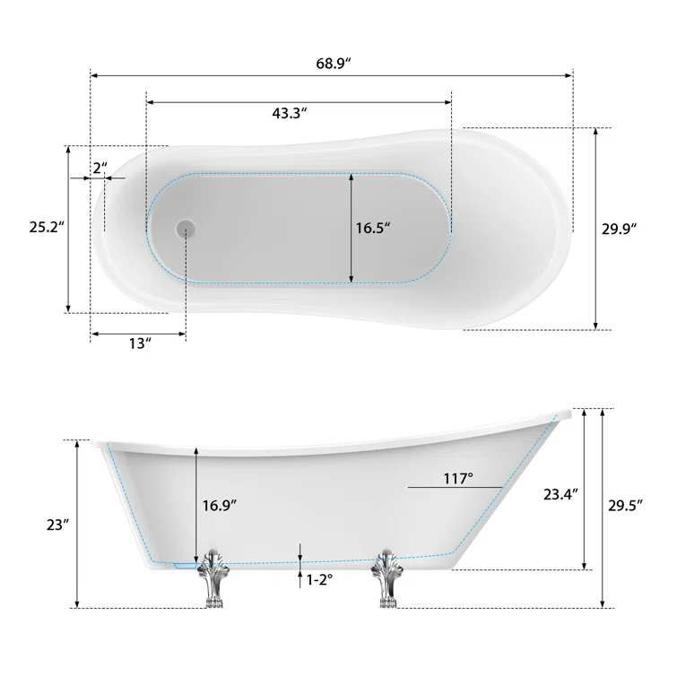 68.9" x 31" Clawfoot Soaking Acrylic Bathtub