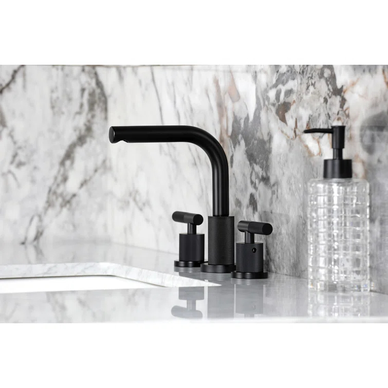 Kingston Brass Convergent Two-Handle 3-Hole Deck Mount Widespread Bathroom Faucet with Knurled Handle and Brass Pop-Up Drain
