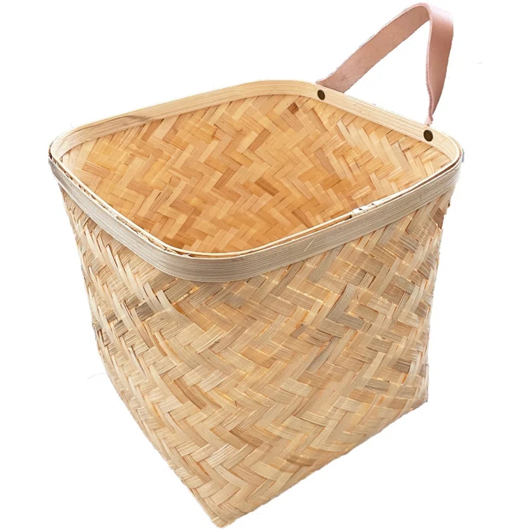 Natural Bamboo Square Wall Basket with Leather Strap