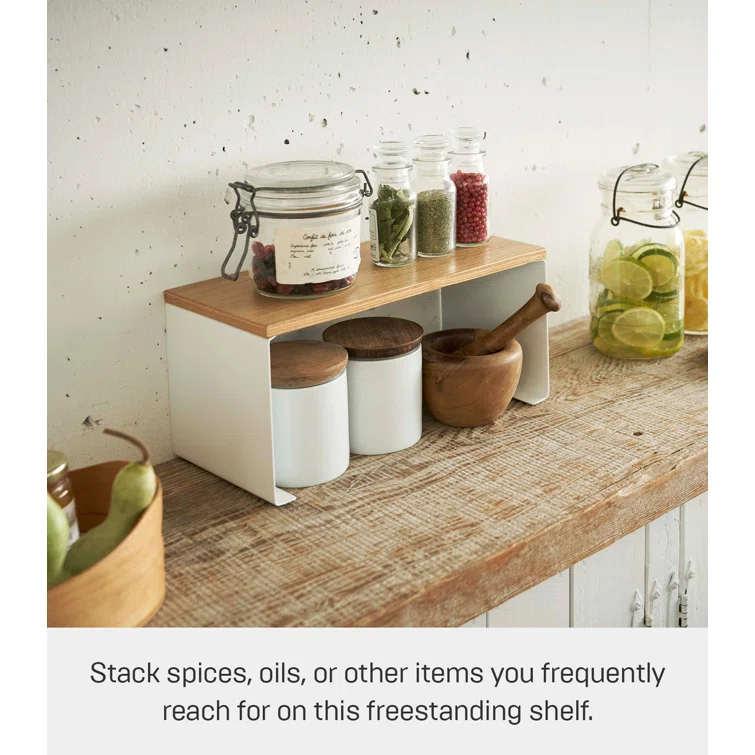Tosca Yamazaki Home Wood-Top Stackable Kitchen Rack, Modern Counter Shelf Organizer