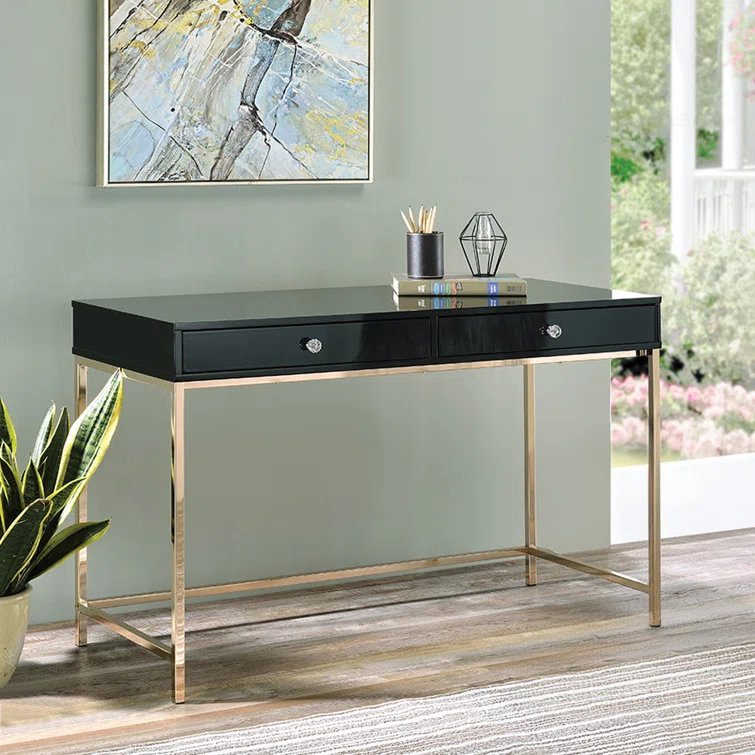 Ottey Writing Desk In High Gloss & Gold Finish,Computer Desk