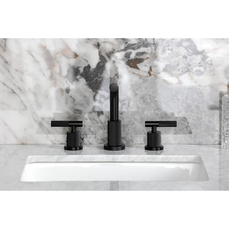 Kingston Brass Convergent Two-Handle 3-Hole Deck Mount Widespread Bathroom Faucet with Knurled Handle and Brass Pop-Up Drain