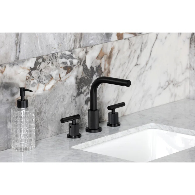 Kingston Brass Convergent Two-Handle 3-Hole Deck Mount Widespread Bathroom Faucet with Knurled Handle and Brass Pop-Up Drain