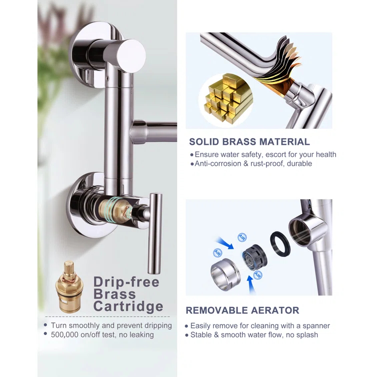 ARCORA Single Hole Two Attachment Brass Wall Mounted Pot Filler Kitchen Faucet with Double-Handle