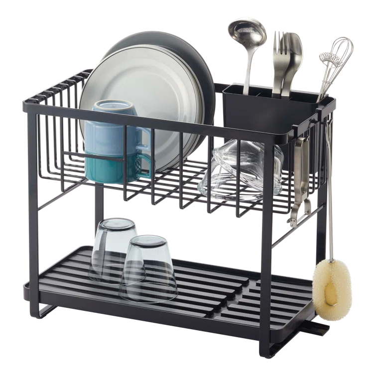 Tower Yamazaki Home Two-Tier Adjustable Dish Drainer Rack, Utensils Holder, Steel, Draining Spout