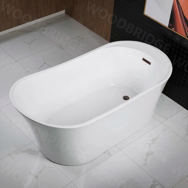WoodBridge 67" x 32" Freestanding Soaking Acrylic Single Slipper Bathtub with Reversible Drain B0084-ORB-Drain &O