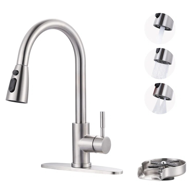 ARCORA Single Handle Stainless Steel Pull-Down Kitchen Faucet with Deckplate and Glass Rinser Combo