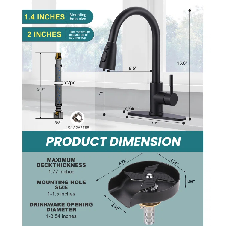 ARCORA Single Handle Stainless Steel Pull-Down Kitchen Faucet with Deckplate and Glass Rinser Combo