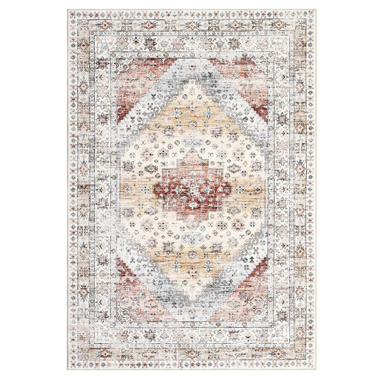 Boho Vintage Floral Area Rug, Low Pile Ultra Soft Machine Washable Carpet