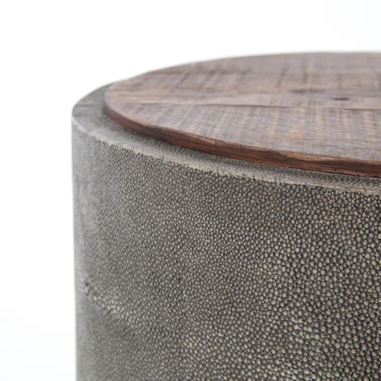 Round Gray Faux Shagreen and Wood Side Table