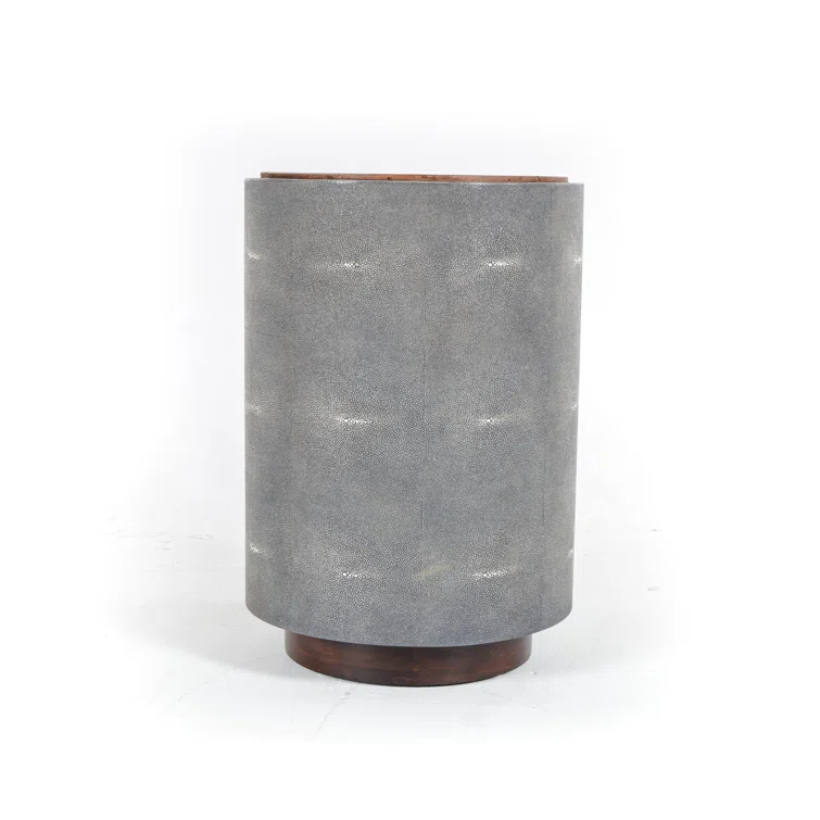 Round Gray Faux Shagreen and Wood Side Table
