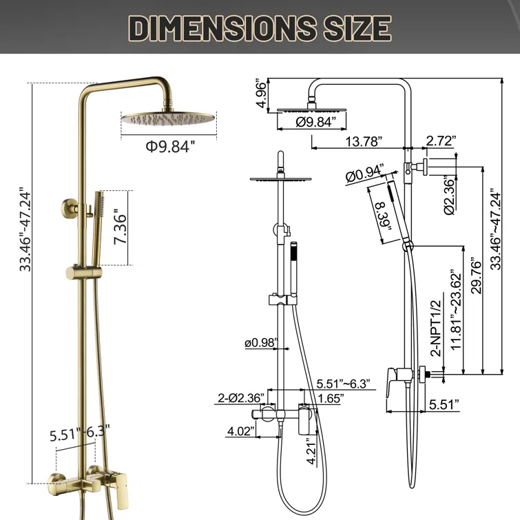 Exposed Pipe Shower System with 10" Overhead Shower, 3 Functions Tub Shower Faucet Sets with Rough-in Valve