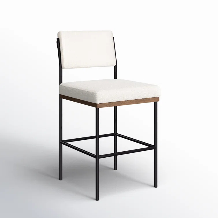 White Oak and Black Metal Bar Stool with Upholstered Seat