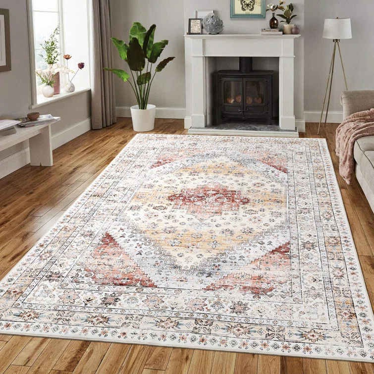 Boho Vintage Floral Area Rug, Low Pile Ultra Soft Machine Washable Carpet