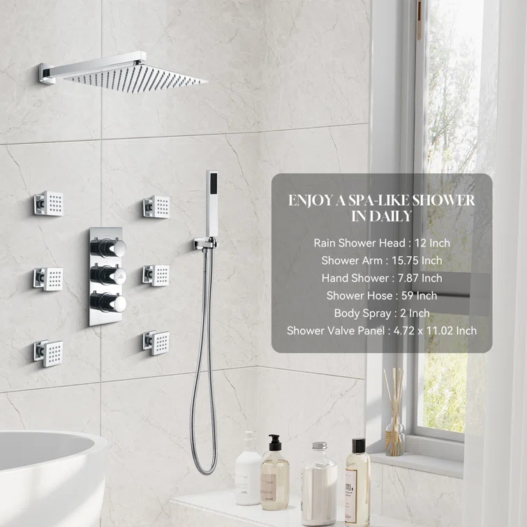 Revitalize 12 Inch Luxury Thermostatic Complete Shower System with Rough-in Valve