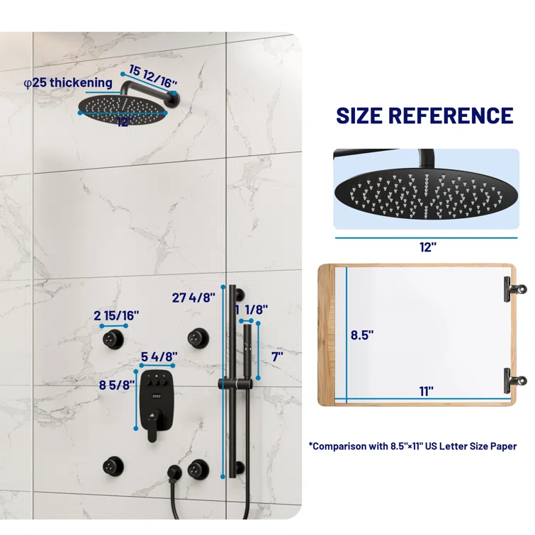 3-Function 12 Inch Temperature Digital Display Shower System With 2-Setting Slider Bar Handheld And 4Pcs Body Jets