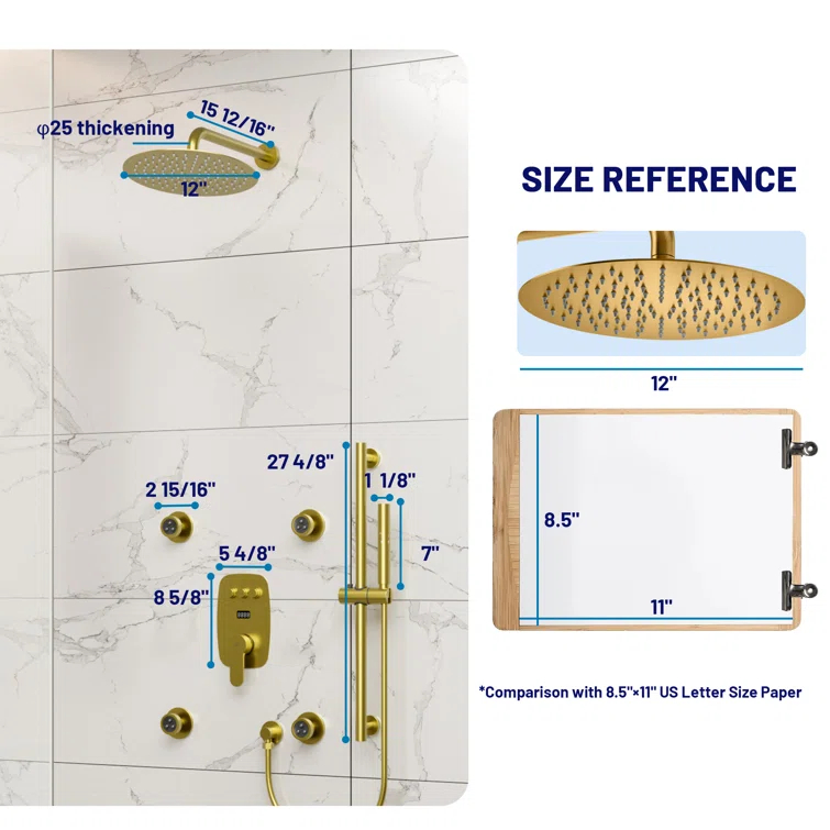 3-Function 12 Inch Temperature Digital Display Shower System With 2-Setting Slider Bar Handheld And 4Pcs Body Jets
