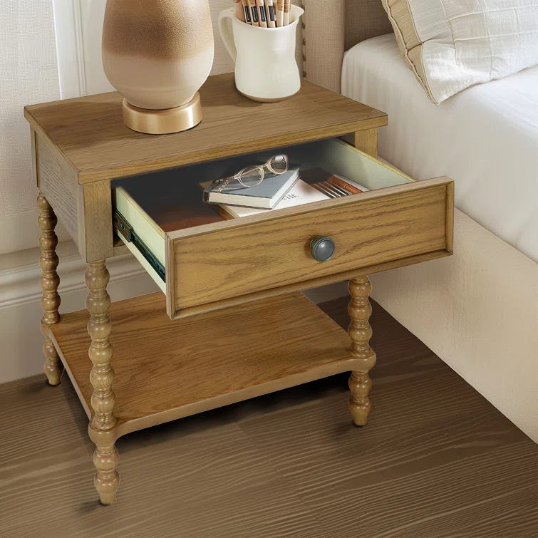 Beckett Turned Wood Spindle Nightstand with Drawer & Shelf