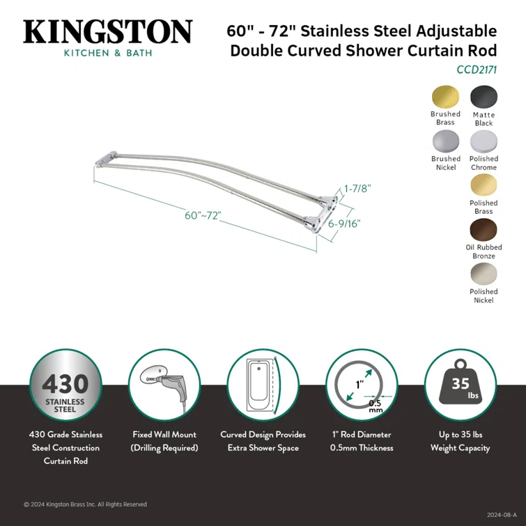 Kingston Brass Edenscape 60-Inch to 72-Inch Adjustable Double Curved Shower Curtain Rod