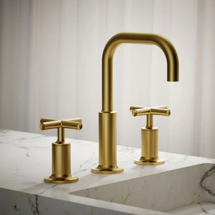 Vibrant Brushed Modern Brass Widespread Bathroom Faucet with Cross Handles