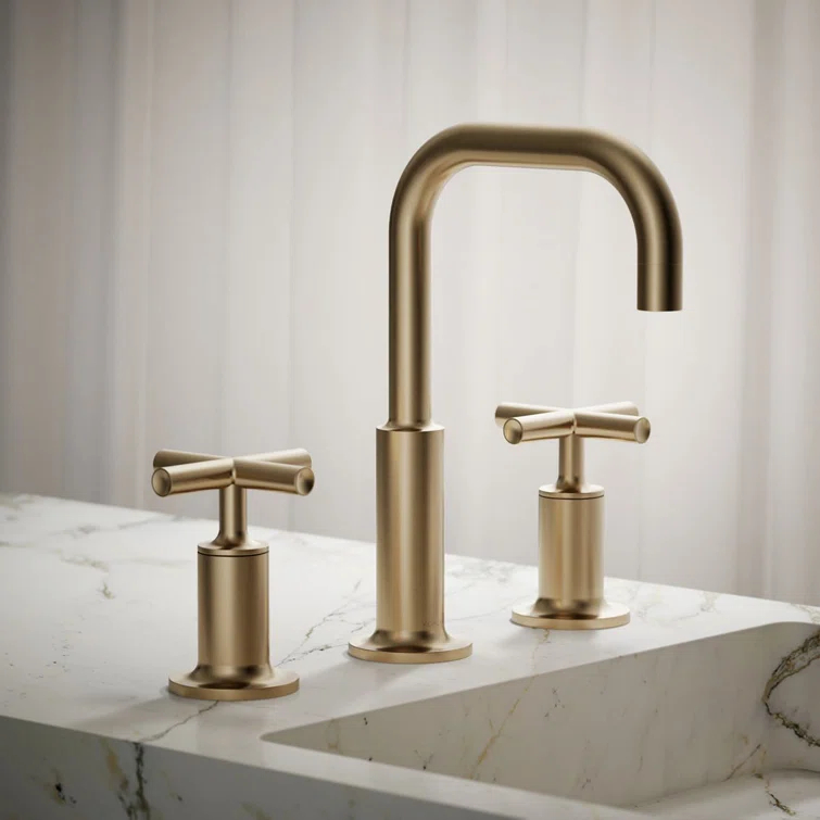 Kohler Purist® Widespread Bathroom Faucet with Pop-Up Drain Assembly, 3-Hole High Arc Cross Handle Bathroom Sink Faucet, 1.2 gpm