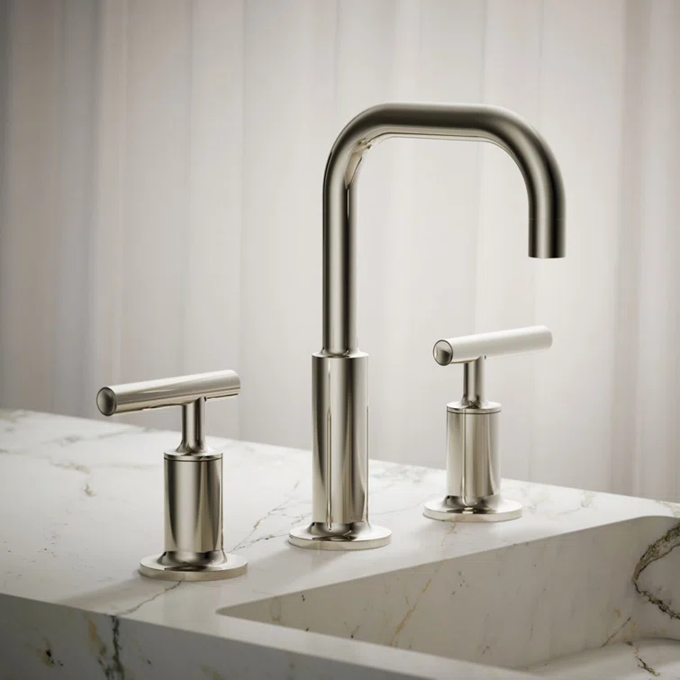 Purist® Widespread Faucet with Drain Assembly Low Lever Handles and Low Gooseneck Spout