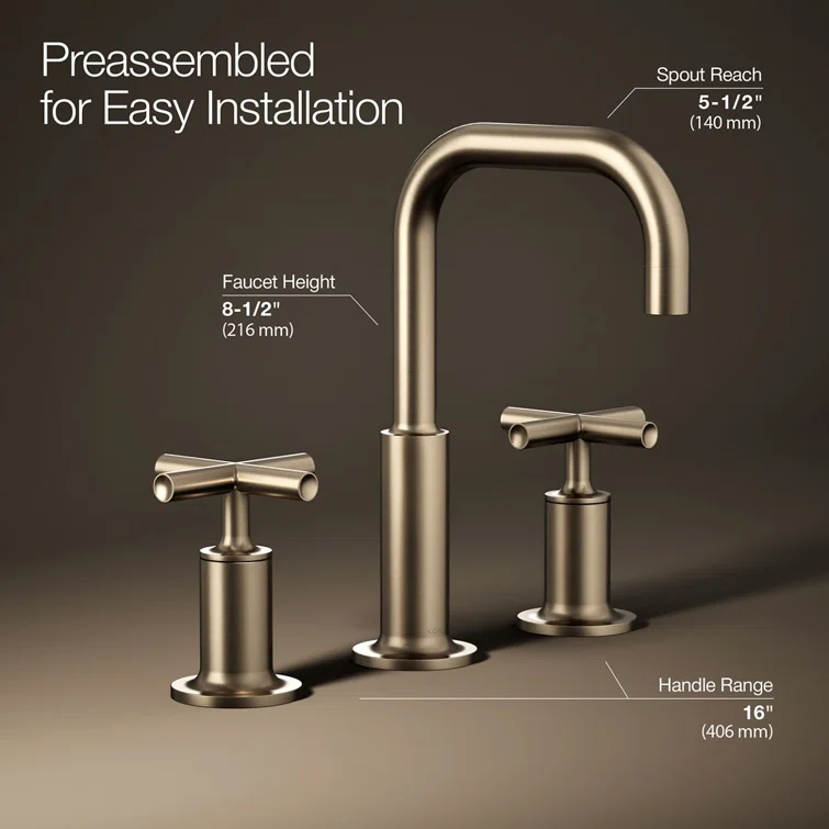 Kohler Purist® Widespread Bathroom Faucet with Pop-Up Drain Assembly, 3-Hole High Arc Cross Handle Bathroom Sink Faucet, 1.2 gpm