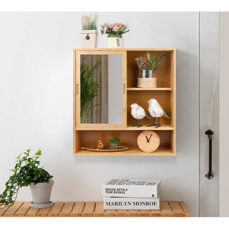 Bamboo Medicine Cabinet Mirror,Mirrored Cabinet With 2 Sliding Doors