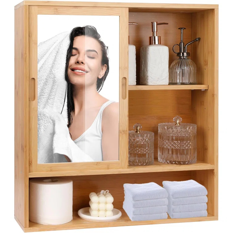 Bamboo Medicine Cabinet Mirror,Mirrored Cabinet With 2 Sliding Doors