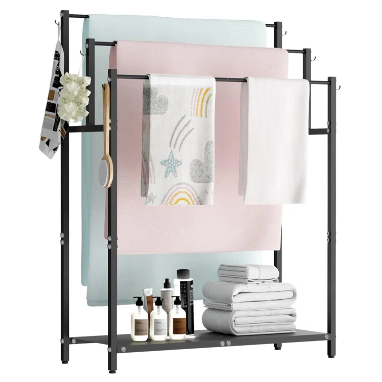 44" High Freestanding Towel Rack with 6 Bathroom Hooks