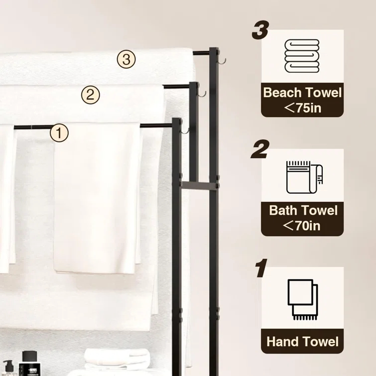 44" High Freestanding Towel Rack with 6 Bathroom Hooks