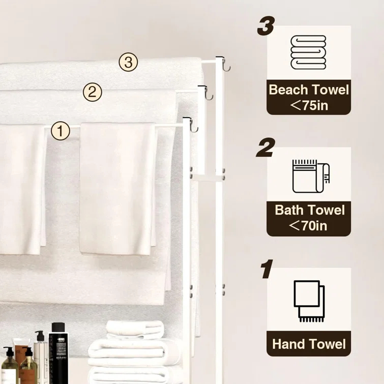 44" High Freestanding Towel Rack with 6 Bathroom Hooks