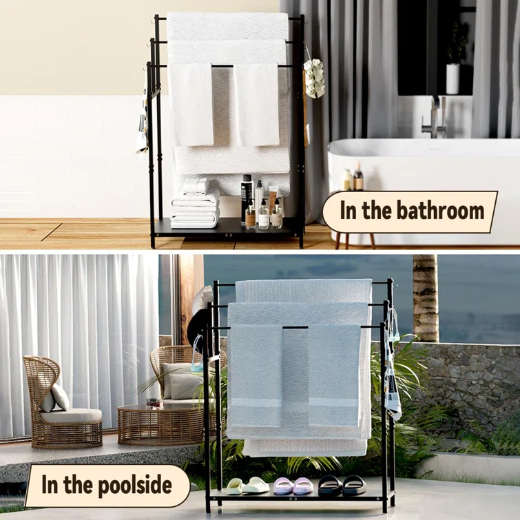 44" High Freestanding Towel Rack with 6 Bathroom Hooks