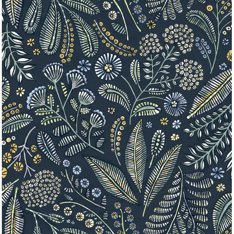 Navy Blue Floral Non-Woven Removable Wallpaper