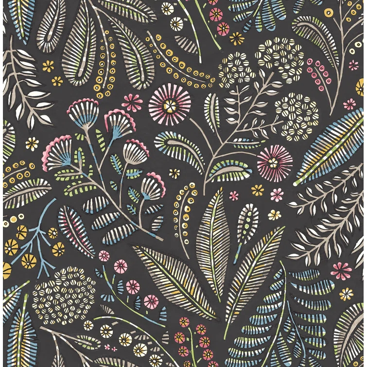 Briar Charcoal Floral Wallpaper with Colorful Detailing