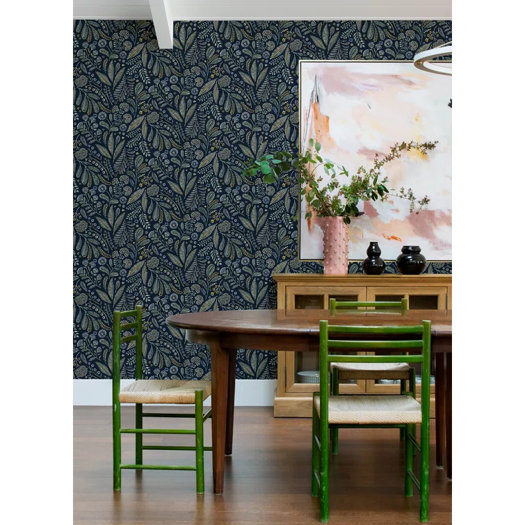 Navy Blue Floral Non-Woven Removable Wallpaper