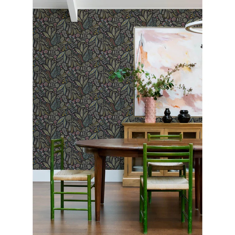 Briar Charcoal Floral Wallpaper with Colorful Detailing
