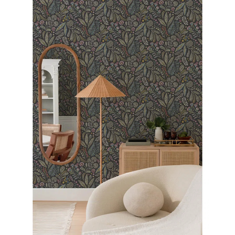 Briar Charcoal Floral Wallpaper with Colorful Detailing