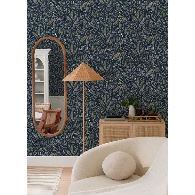 Navy Blue Floral Non-Woven Removable Wallpaper