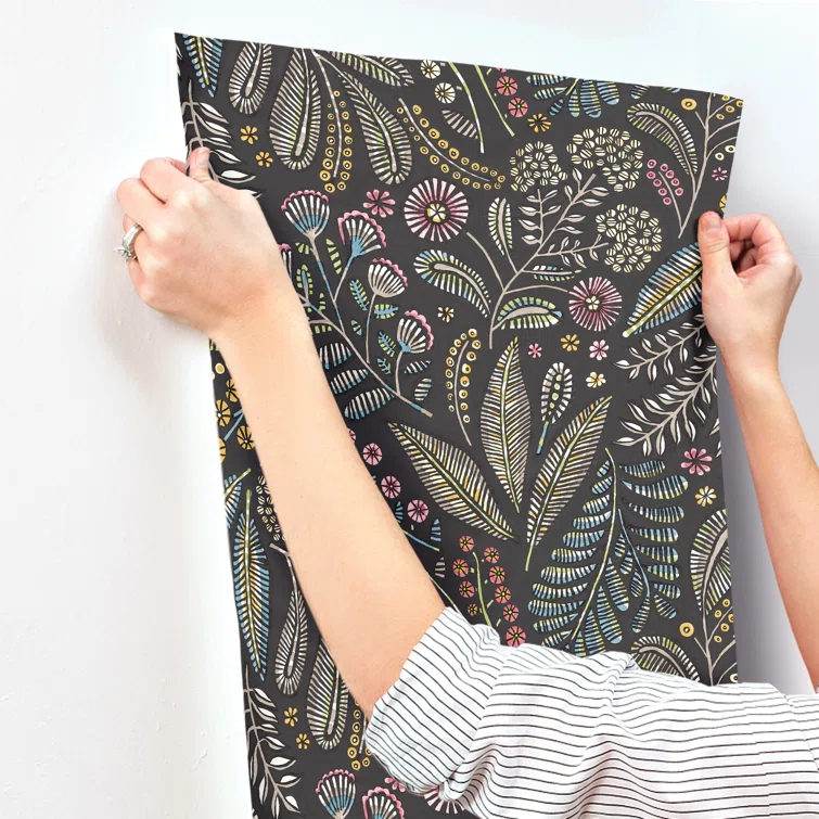 Briar Charcoal Floral Wallpaper with Colorful Detailing