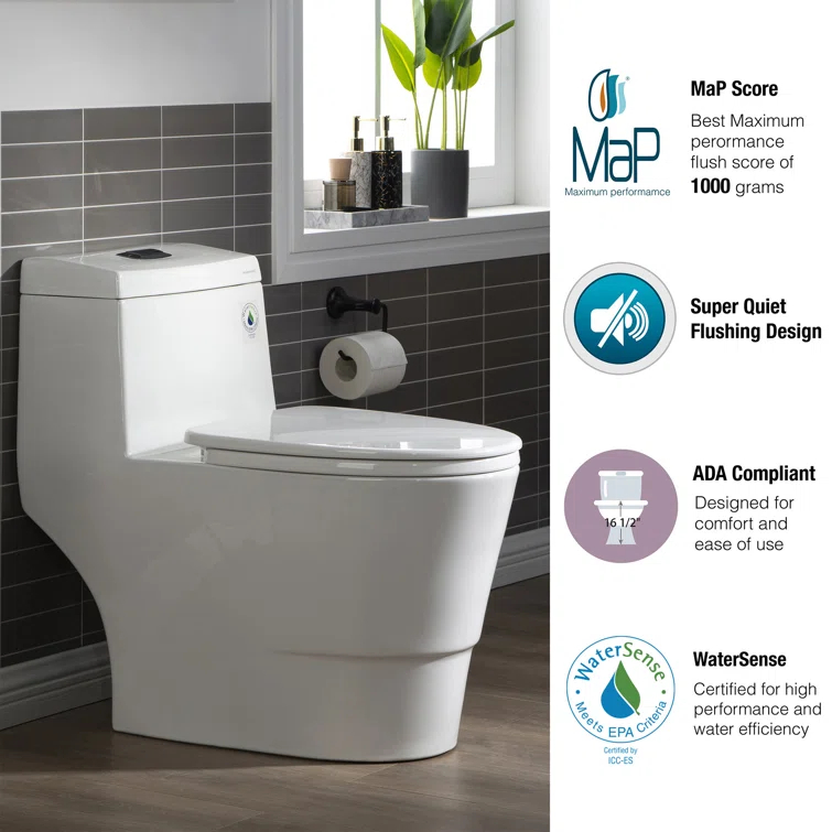 1.28 GPF Elongated Comfort ADA Height One Piece Dual-Flush Toilet with Soft-Closing Seat,MAP Flushing 1000G