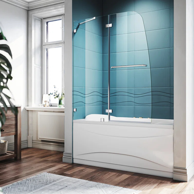 48"W x 58"H Frameless Shower Door,Hinged Pivot Tub Door with 1/4" Clear Tempered Glass,Chrome